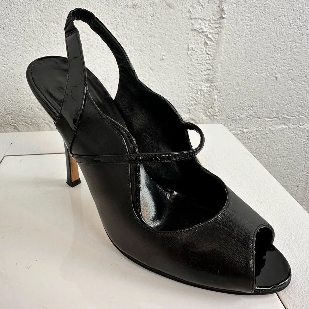 Manolo Blahnik Black Leather Printed Slingback Peep Toe Pumps – Size 36.5 Gift - Picture 5 of 13